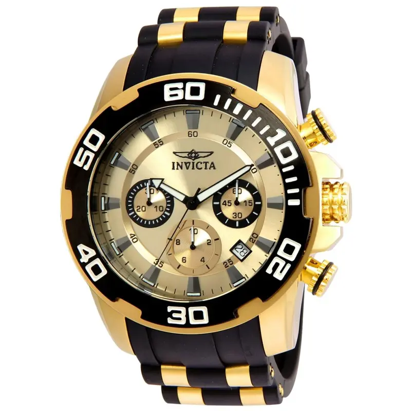 Invicta Swiss Pro Diver Round Quartz Chronograph Men's Watch - Gold Glow Dial, Luminous Hands, Silicone Band, Stainless Steel, Stationary Bezel, Model 22346 (UPC: 886678273713) | Modern Fashion Men's Watches