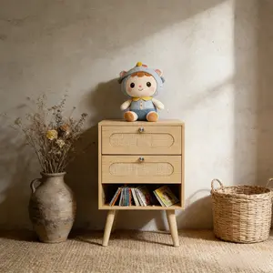 Minimalist Light Wood 2-Drawer Rattan Nightstand - Compact High-Capacity Storage for Bedroom Essentials - Easy Assembly & Small Space Hacks