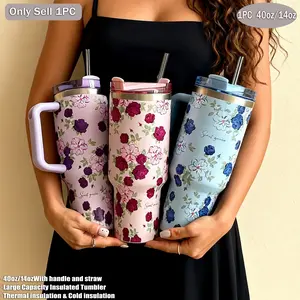 1200ML Rose Flower Theme Car Cup with Handle, Stainless Steel Insulated Cold Cup, Travel Coffee Mug, Gift for Valentine's Day