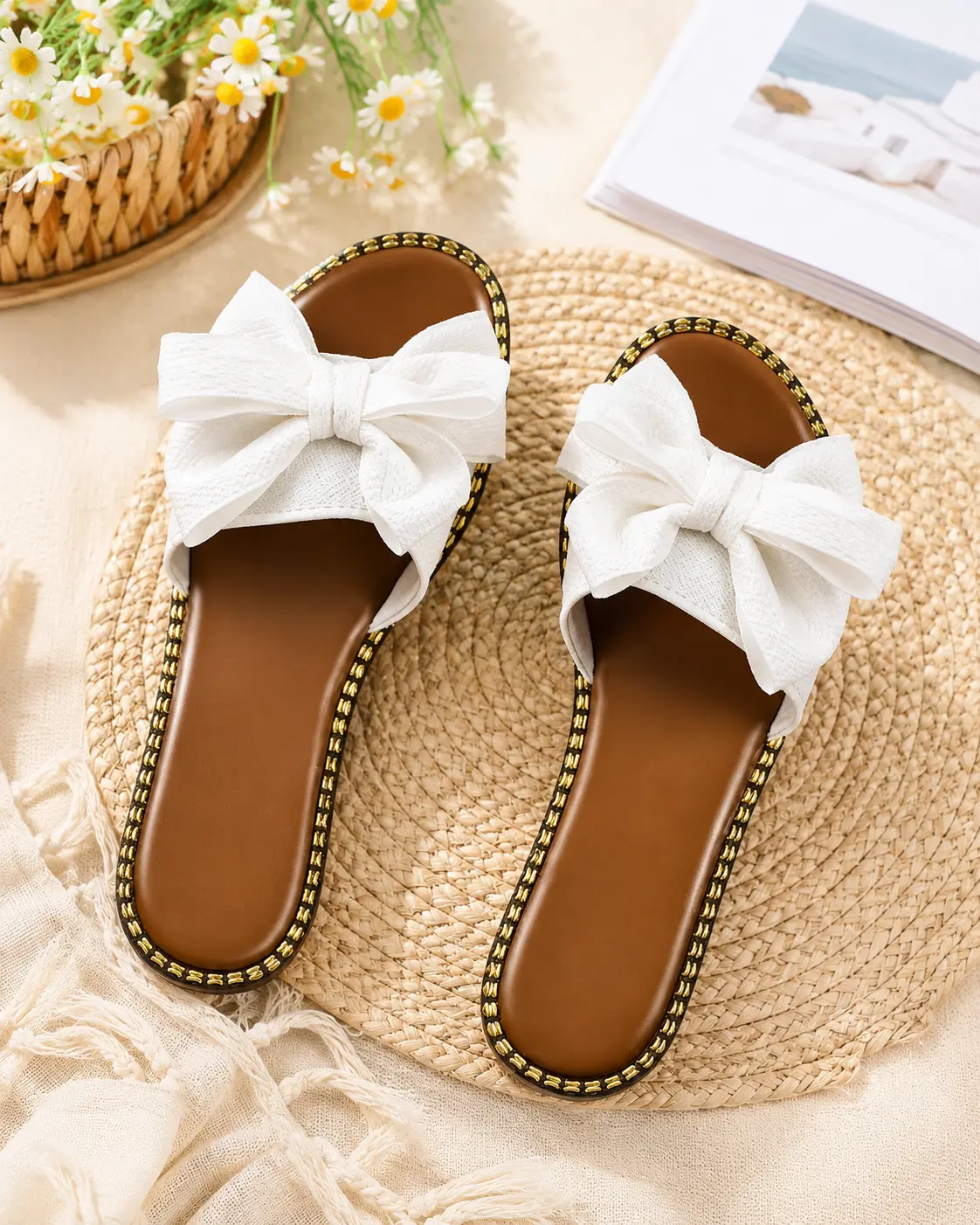 Women’s Bow Knot Slide Sandals, Open Toe Slip-On Flat Shoes with Soft Non-Slip Sole for Summer Beach Casual Daily Wear