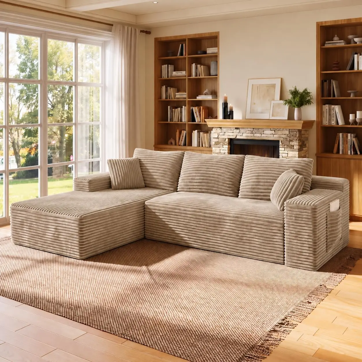 96" L-Shaped Sectional Sofa,Modern Cloud Couch, Compressed Sofa for Living Room,Deep Seat Couches,No Assembly Required,Camel (Plush Corduroy Fabric)