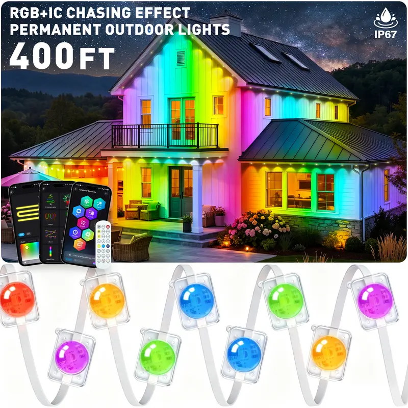 50-500ft, Permanent Outdoor Lights RGB ICWaterproof with Smart AppControl Remote,DIY Scene Modes, Music Synchronization, Eaves Lights for Garden Decor, Deck, Christmas