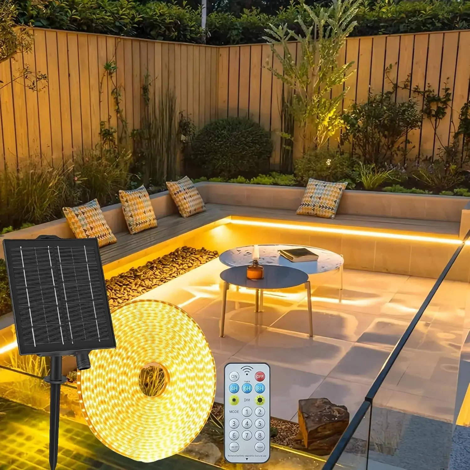 32.8ft Solar LED Strip Lights Outdoor, 640 LED, Warm White Flexible Tape Light with Remote Control, Dimmable, 8 Modes, IP68 Waterproof Rope Lights Self-Adhesive for Garden Patio Camping Decor