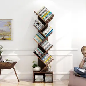 Tree Bookshelf with Storage, 8 Tier Wooden Tall Book Shelf, Floor Standing Bookcase for Kids and Adults, Utility Organizer Shelves for Living Room, Bedroom, Home Office, Brown