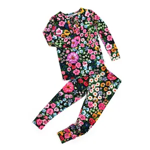 Cassandra RUFFLE TWO PIECE Floral Bamboo Girls Lounge Set Everyday Outfit Ultra Soft Bamboo Fabric Functional Buttons Flexible Fit Eco Friendly