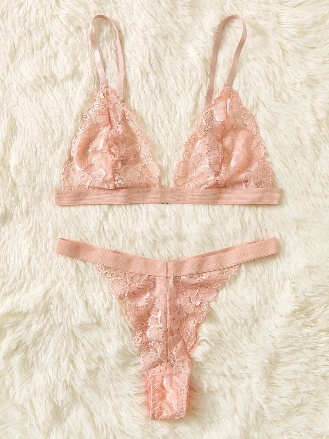 Women's Pink Lace Bra & Panty Two-Piece Set, Solid Color Push Up Bra & Panty, Soft Comfy Breathable Underwear Sets Women Lingerie Set for Women