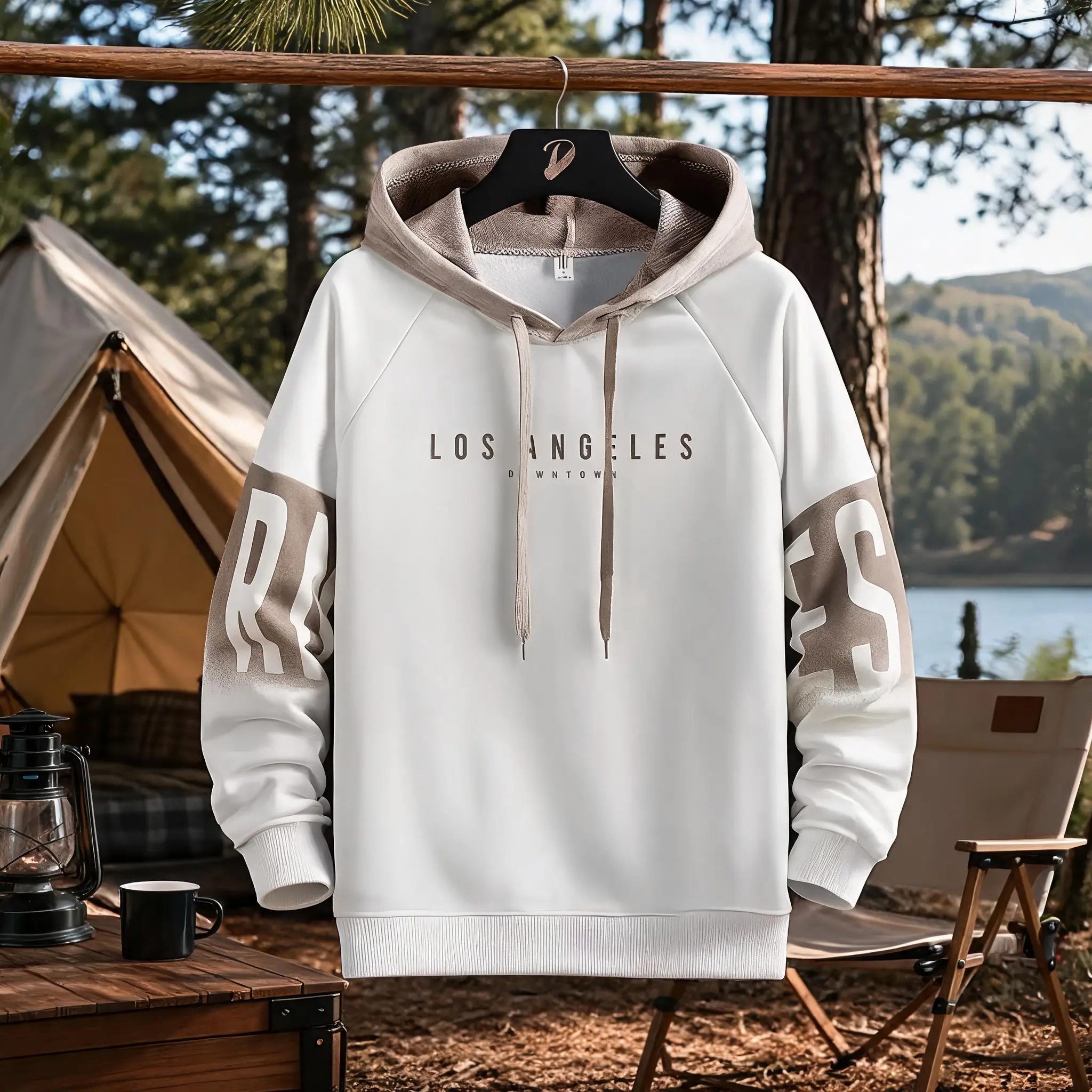 Men's Color Block Raglan Pullover Hoodie, Los Angeles Letter Print Long Sleeve Drawstring Hooded Sweatshirt with Kangaroo Pocket Casual Streetwear Tops