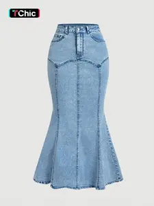 Elegant Women's Denim High-Waisted Split Fish Tail Skirt, A-Line Ruffle Midi Dress, Bodycon Style, Perfect for Any Occasion