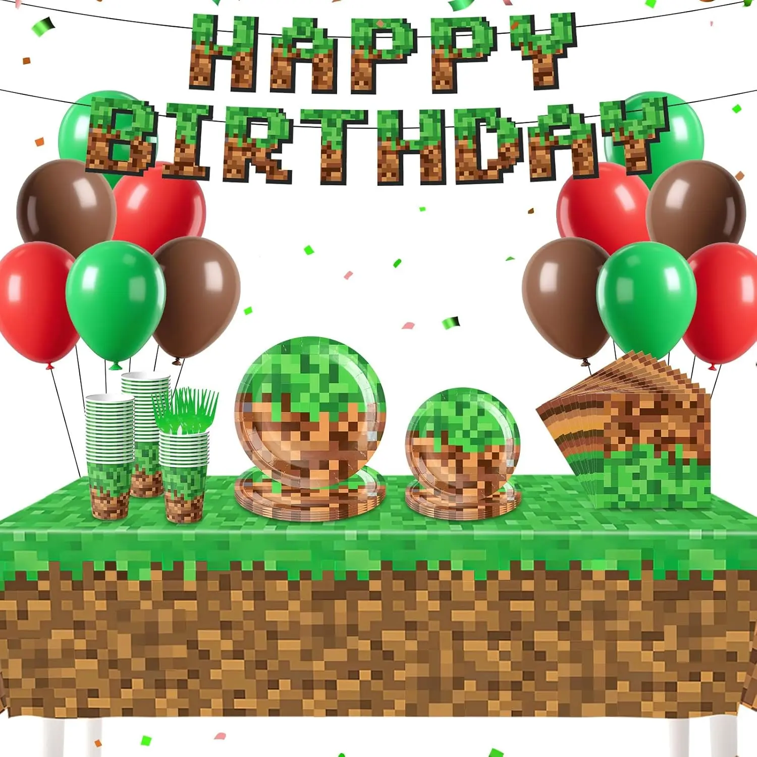 Pixel Happy Birthday Party Supplies Set, 134-Piece Decorations Kit with Party Banner, Gifts, Napkins, Plastic Forks for 24 Guests