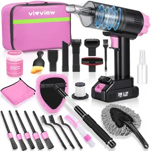 25pcs Car Cleaning Kit, Pink Interior Detailing Kit with High Power Vacuum Portable Cordless, Handheld Vacuum Cleaner for Home, Car, Pet Hair, Keyboard, Complete Auto Accessories for Gift