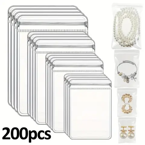 200-Piece Rectangle Tarnish Guard Jewellery Organizer Bags - Reusable, Dustproof, Transparent Self-Seal Plastic Set with 4 Sizes, for Makeup Tools Storage, Brooches, Travel, Portable, Lightweight