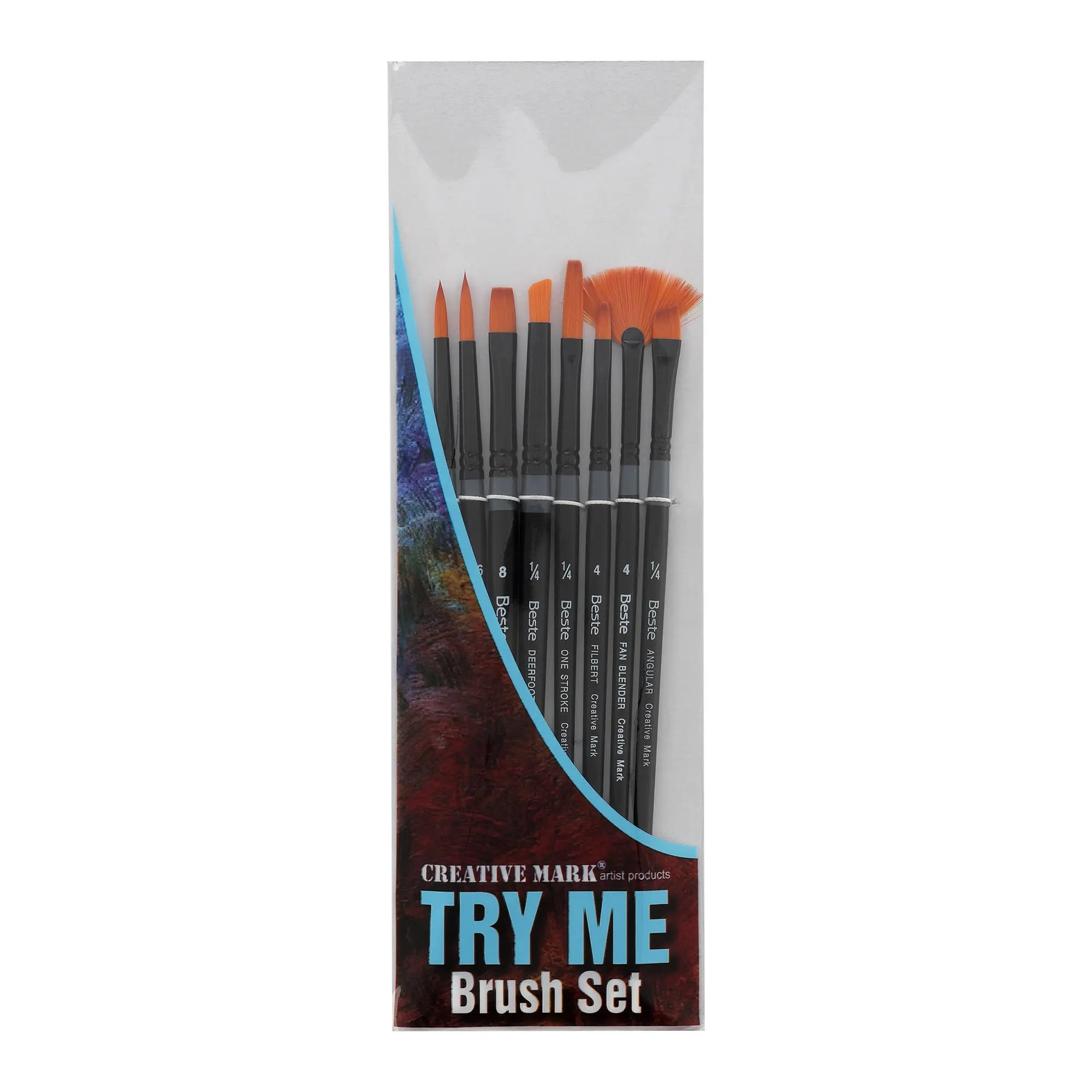 Creative Mark Golden Taklon Brush Set for Watercolor & Acrylic - 8 Short Handle, Multi-Diameter Brushes