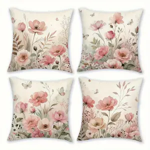 4pcs, Spring Vintage Themed Throw Pillow Covers, Watercolor Peony and Butterfly, Vintage Floral Pattern, Decoration for Couch Sofa, Home Decor, Versatile Usage, 2D Flat, Single Sided Printing, No Pillow Core