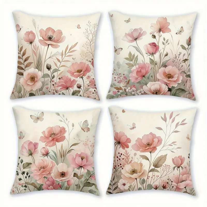 4pcs-Spring Vintage Themed Throw Pillow Covers, Watercolor Peony and Butterfly, Vintage Floral Pattern, Decoration for Couch Sofa, Room Decor and Bedroom Decor, Suitable for Spring Decoration, 2D Flat, Single Sided Printing, Home Textile, No Pillow Core