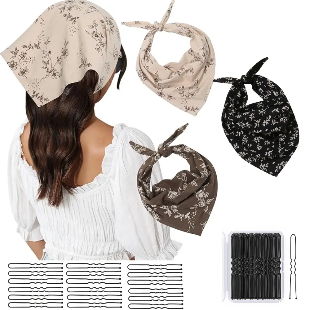 3Pcs Floral Hair Scarf-Hair Scarves and Bandanas with 50 Hair Pins for Women Triangle Kerchief