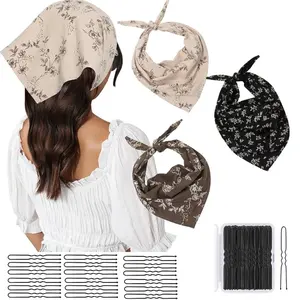3Pcs Floral Hair Scarf-Hair Scarves and Bandanas with 50 Hair Pins for Women Triangle Kerchief