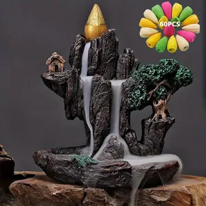 Incense Burner, 1 Set Creative Waterfall Design Incense Burner with 60pcs Incense Cones, Home Decor Ornament, Desktop Decoration for Living Room Bedroom, Freshener