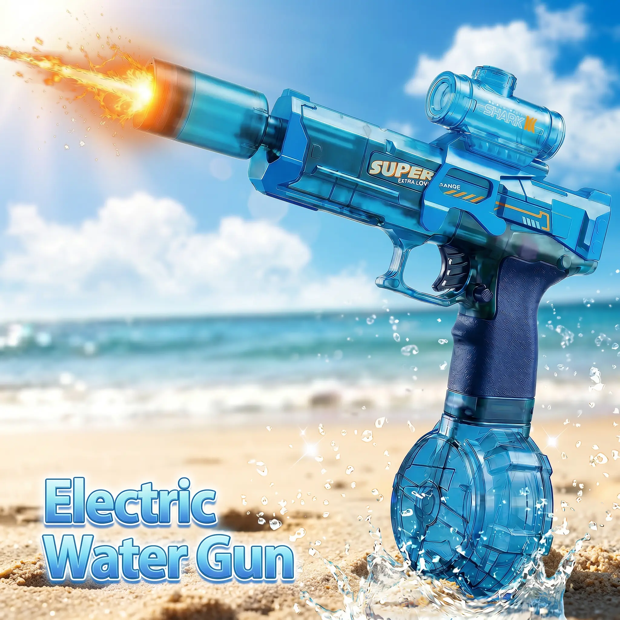 Summer Water Blaster for Kids Teens Adults, Perfect Birthday & Holiday Gift, Electric Automatic Water Blaster with LED Flashing Muzzle, Drum Tank, Tactical Scope, Outdoor Toy