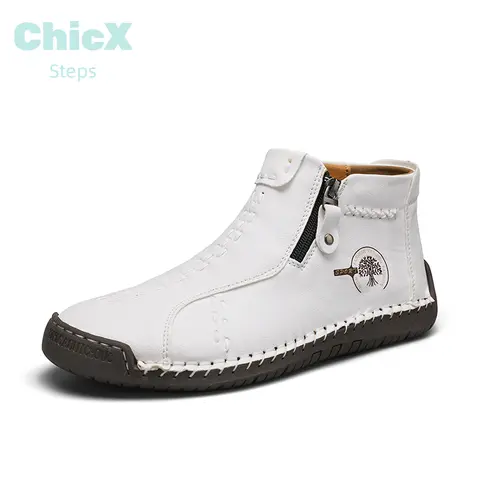 ChicX Steps Men's Hand-Stitched Mid-Ankle Closed Zipper Outdoor Footwear - White Rubber Sole Lightweight Everyday Casual Walking Boots
