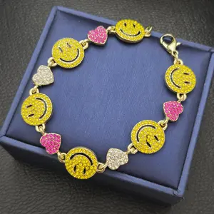 Unisex Smile & Heart Gold Plated CZ Iced Bling Bracelet 8" Fashion Trendy Jewelry Accessory Hip Hop Style For Men Women