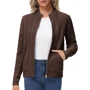 Women's Zip Up Sweaters Jacket, Cable Knit Chunky Cardigan Sweater with Pockets, Fall Winter Clothes