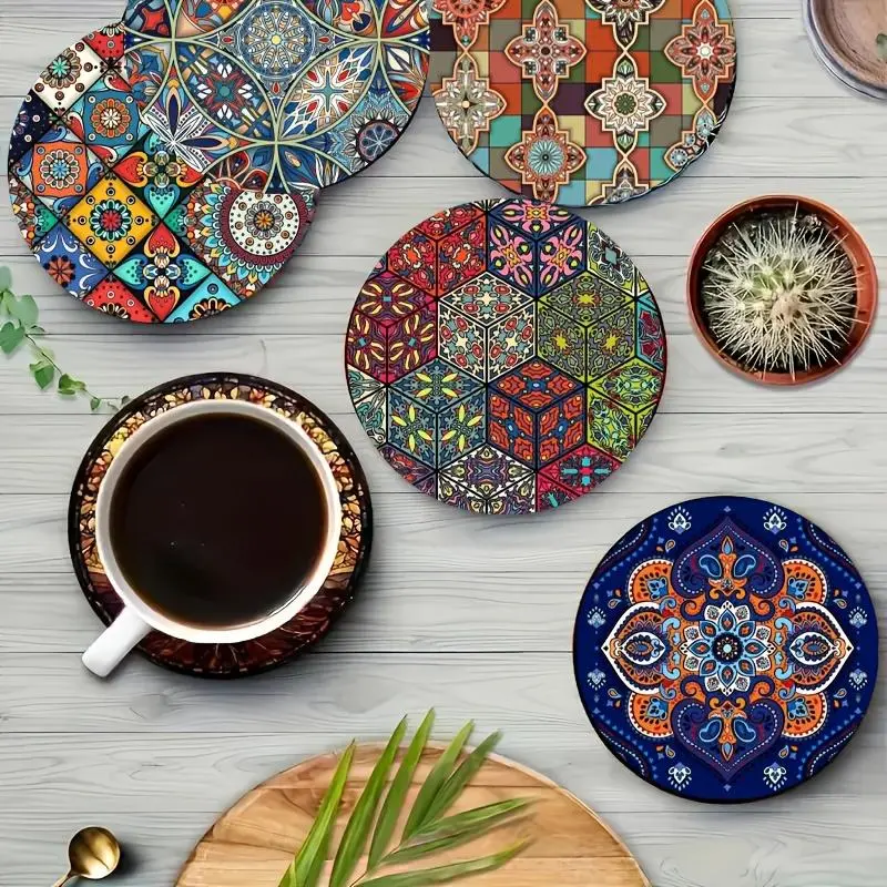Geometric Pattern Wooden Coaster, 6 Counts/set Wood Coasters Heat Resistant Decorative Coaster, Decorative Placemat for Coffee, Tea and Drinks