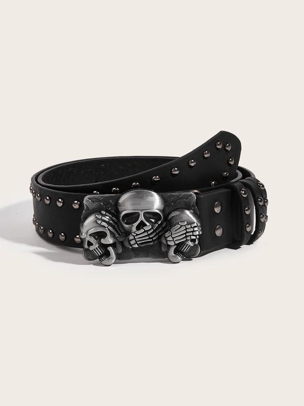 Mens Belt Leather Skull Buckle Belt Waist Band Jeans Decorative Punk Belt Black Studded Belts for Women Y2k Skull Belts