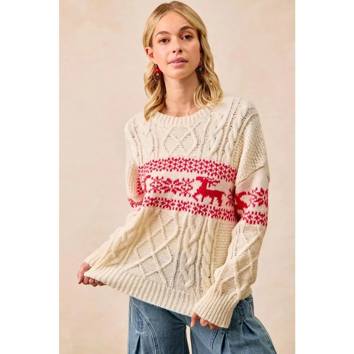 BiBi Christmas Theme Patterned Cable Knit Sweater