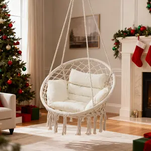 Cozy Macrame Hammock Swing Chair with Cushion Beige Black Gray Soft Hanging Lounge Seat for Bedroom Porch Balcony Patio Relaxing Comfortable Seating Option Solid Steel Frame Lightweight Portable