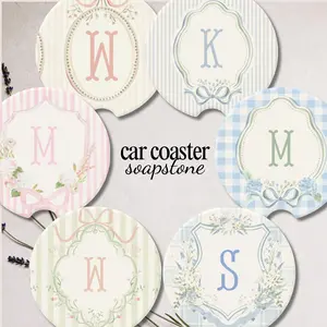Monogram Car Coaster, Floral Coquette Personalized Initial Cup Holder, Grandmillennial Preppy Crest Design, Absorbent Soapstone Gift for Her