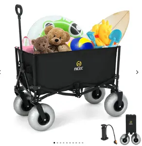 Beach Cart with Balloon Wheels, Heavy-Duty Folding Wagon for Sand, Adjustable Handle, Collapsible Utility Cart, 220 lbs Capacity