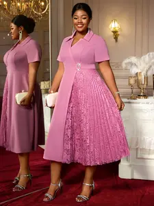 Plus Size Short Sleeve Lapel Dress, Lace Patchwork Pleated A-Line, Fashion Party Curve Fit, Midi Length, Zipper Fly, Summer Style