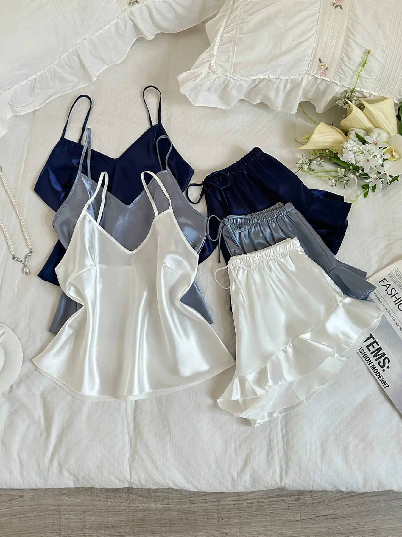 6-Piece Women's Basic Solid Color Spaghetti Strap Tank Top & Shorts Set, Soft Cozy Sleepwear, Comfortable Loungewear