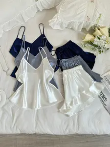 6-Piece Women's Solid Color Spaghetti Strap Tank Top Shorts Set, Soft and Comfortable Sleepwear, Cozy Casual Home Wear, Lazy Atmosphere, Perfect for Relaxing at Home