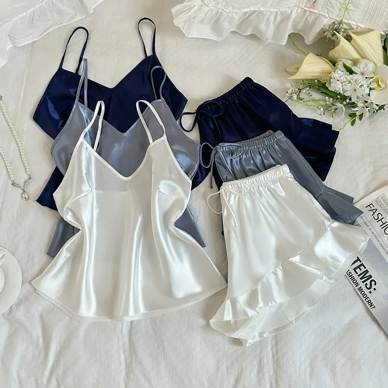 6-Piece Women's Basic Solid Color Spaghetti Strap Tank Top & Shorts Set, Soft Cozy Sleepwear, Comfortable Loungewear