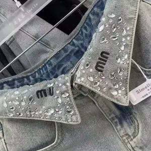 Simelle Retro Lapel Diamond Encrusted Ort Skirt Asymmetric Casual Sle Girls Mid Waist Design Embellied Skirt with Button Closure