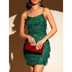 green dress with stuff hangingElegant Green Sequin Tassel Dress - Sleeveless Round Neck  Party Dress for Women, Perfect for Evening & Formal Occasions, Event Clothing  Polyester Sequin Fabric, Sequin Formal Dress Workwear Chic Spaghetti Strap Fitted Knit