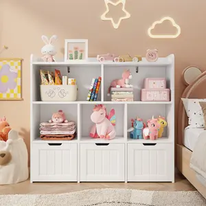 Gizoon Toy Storage Cabinet and Kids Bookcase with 3 Movable Drawers and 6 Open Shelves Featuring Fall Prevention Barrier for Playroom Nursery Kids Room Organization