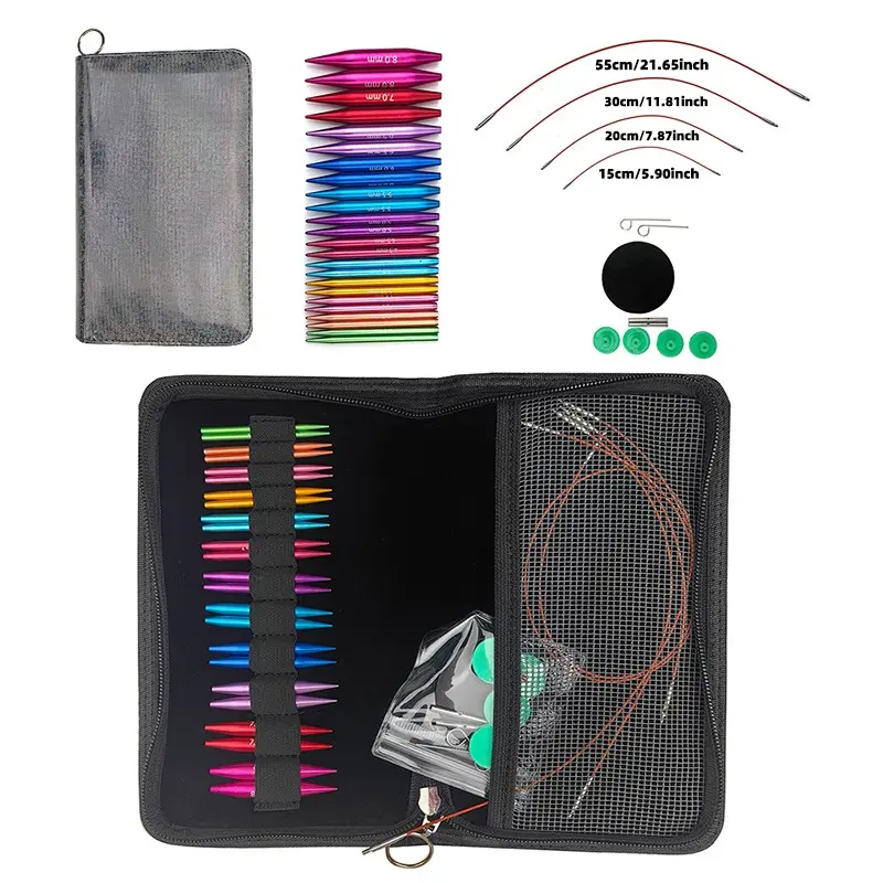 Set of 38 Knitting Tools Crochet Amigurumi Mini Short 5.5cm Detachable Interchangeable Heads Circular Needles Set 12 Pairs 3.0-8.0mm Knitting Needles Kit