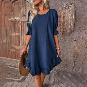 2025 Spring/Summer Women's Cotton and Hemp Half Sleeve Round Neck Solid Color Loose Large Bottom Shirt Dress Casual Women's Tight Waist Dress Summer Dress Green Dress Bright Dress
