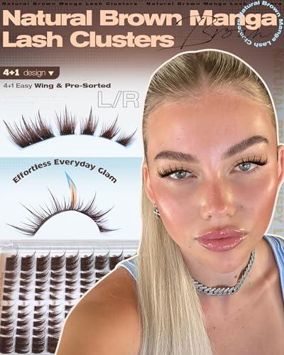 ALICROWN Brown Lash Clusters Cat Eye Cluster Eyelash Extensions Manga Eyelash Clusters Left & Right Natural Lash Extensions Spiky Cluster Lashes C Curly Fox Eye Individual Lashes Fairy Eyelashes
