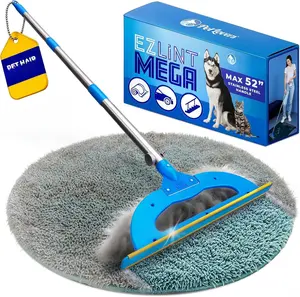 EzLint Mega 52" Carpet Rake &     &  Hair Remover Broom with Adjustable Handle & Extra Wide  for Carpets, Rugs & Stairs, Blue