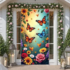Spring Theme Front Door Porch Sign Decorative Banner, Rainbow Flower Butterfly Design, Polyester Indoor Outdoor Hanging Decoration