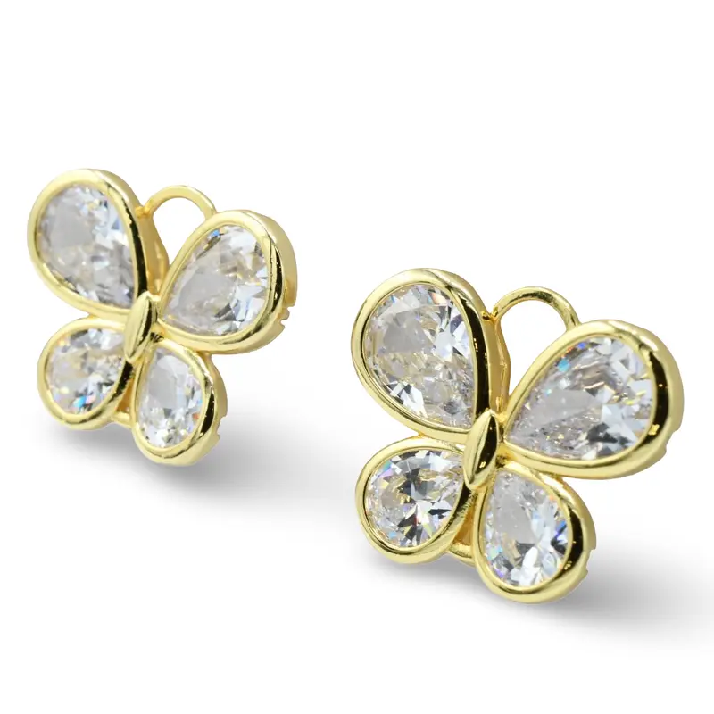 Butterfly Earrings Brass Zirconia Gold Plated 30x23mm Unique Clasp for Casual & Formal Wear