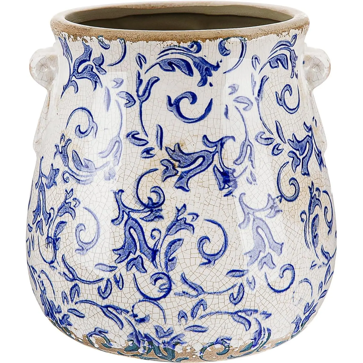 Vintage Ice Crackle Ceramic Flower Pot - 4.3x6.3in, Distressed Tuscan Floral Design, Drainage Hole, Saucer Included, Indoor-Outdoor Planter for Rustic Farmhouse Decor, Birthday, Anniversary, Housewarming Gifts (Blue), Friends