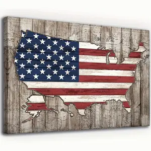 USA Map Flag Canvas Wall Art - Vintage Wood Map & American Flag Design - Rustic Home Decor - 12x16 Inch
