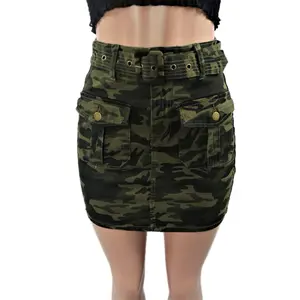 Women's Camouflage High Waist Skirt with Belt Spandex Womenswear