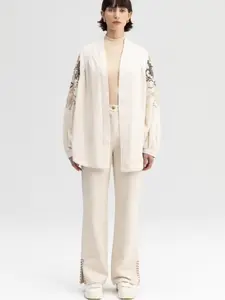 Embroidered Kimono Jacket, Linen Blend Oversized Jacket