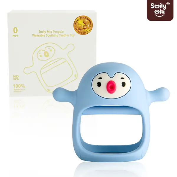 Smily Mia Penguin 3-in-1 Teething Toy – No Drop Teether Mitten & Pacifier for Infants 0-6 Months, Soft Chewable, FDA Certified, Food Grade Silicone Te
