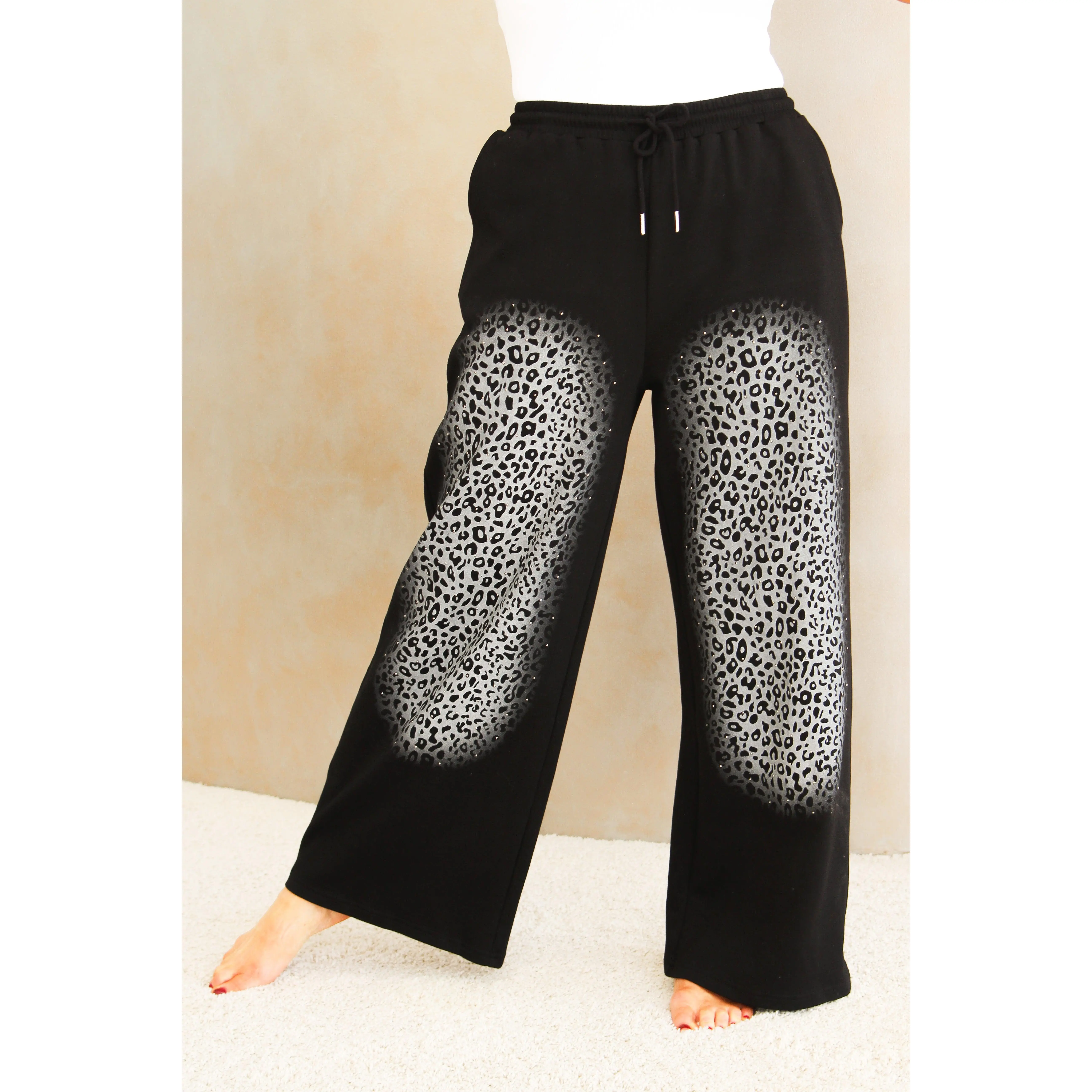 Wide Legged Joggers w/ Leopard Print & Rhinestone Front